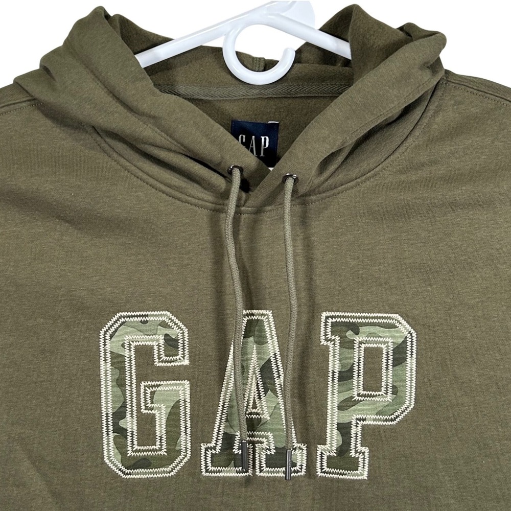 GAP Mens Size XL Green Camo Logo Hoodie Olive Drab Fleece Sweatshirt NEW